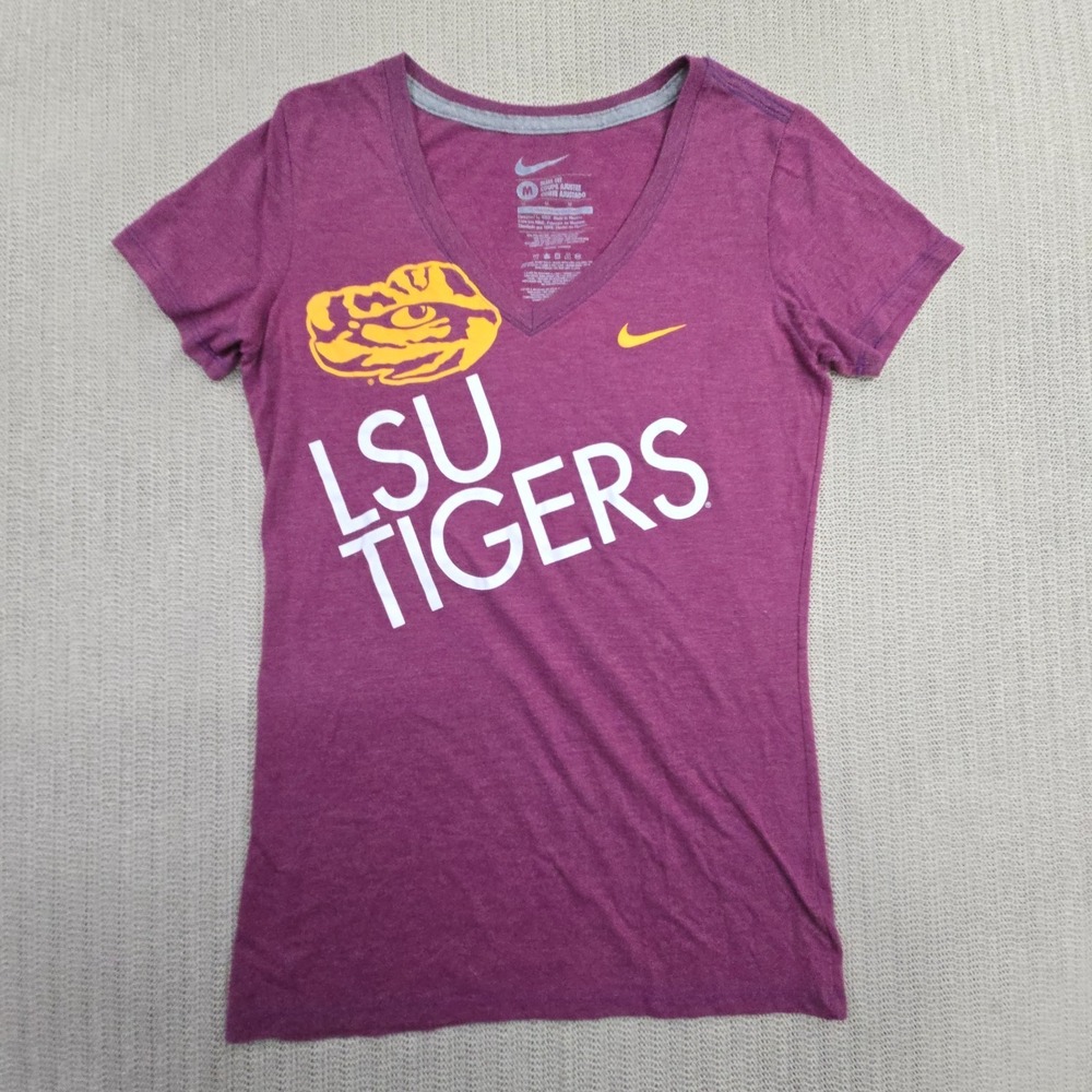 Nike LSU Tigers Shirt Womens Medium Purple V-Neck Short‎ Sleeve SEC Football